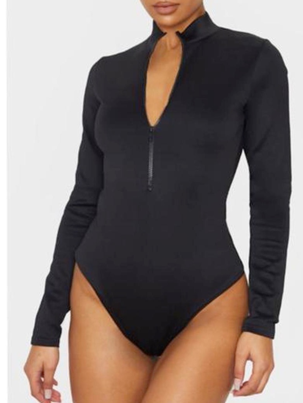 PrettyLittleThing Black Long Sleeve Zip-Front Bodysuit size 10